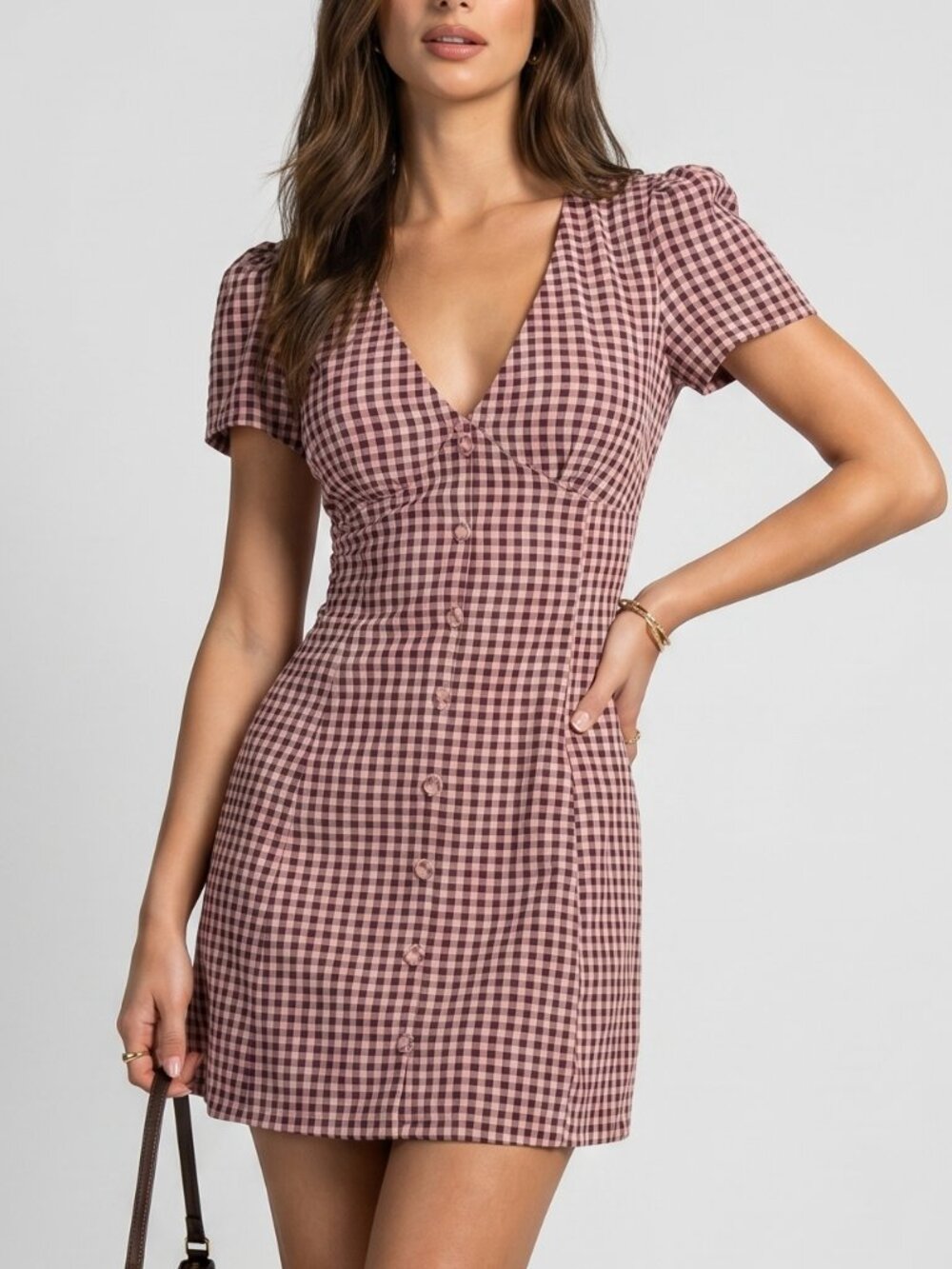 Women’s Pink Plaid Mini Dress V Neck Button Front Cottagecore Sundress